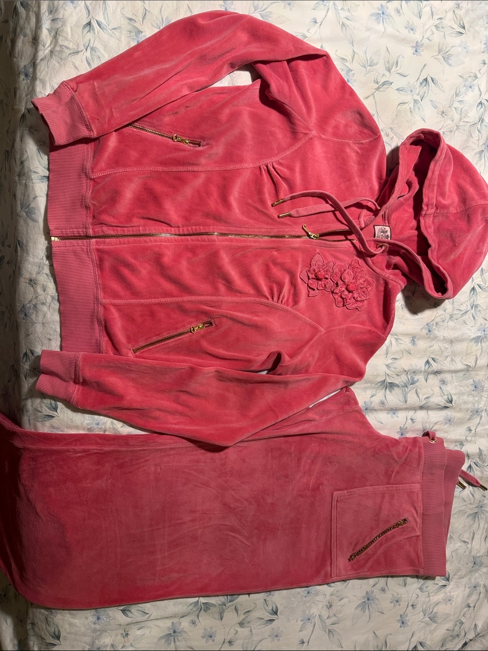 Juicy Couture Pink Velour Zippered Hoodie with Floral Appliqué and Pants Set